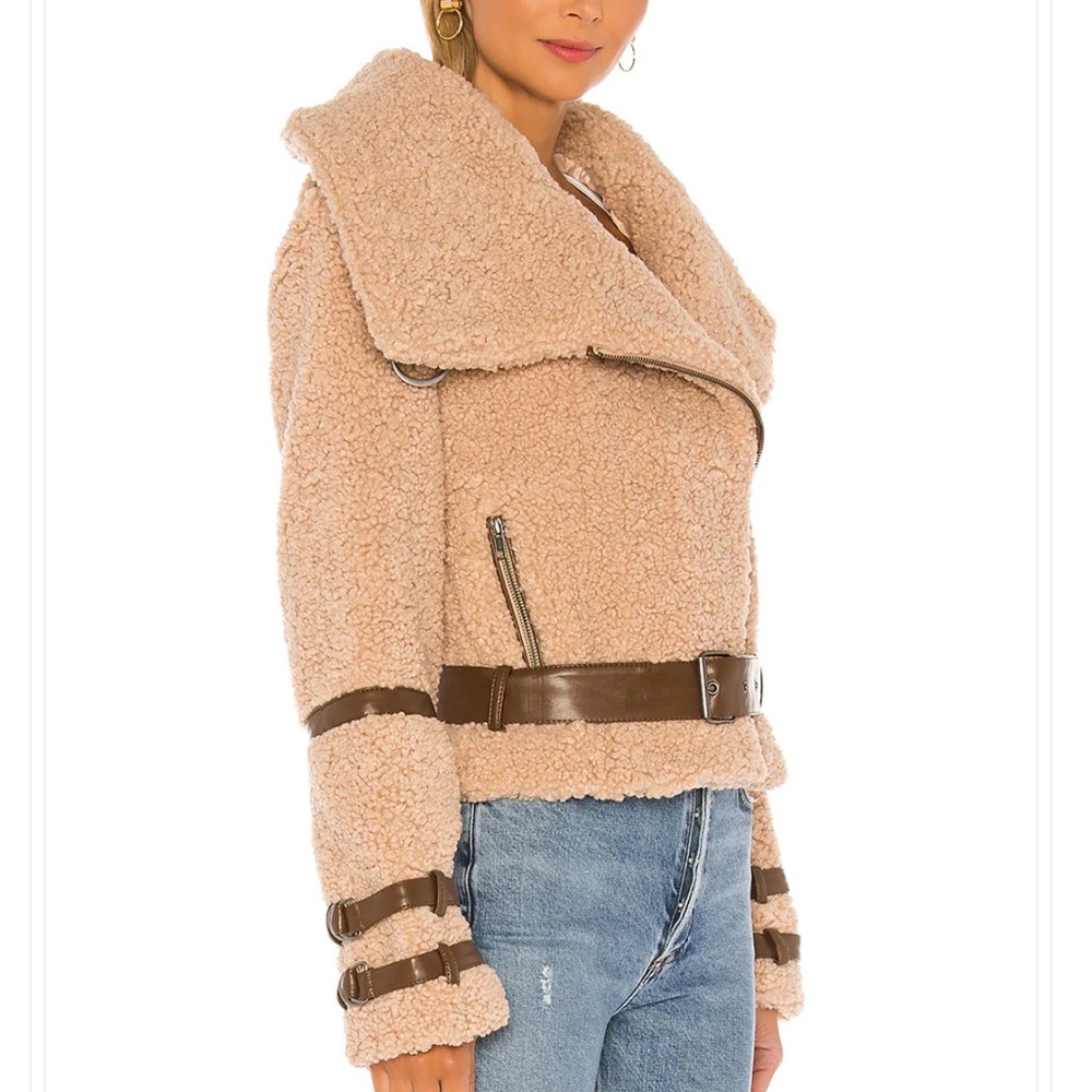 Bailey Moto Jacket: sherpa jacket is trimmed with contrast belted details